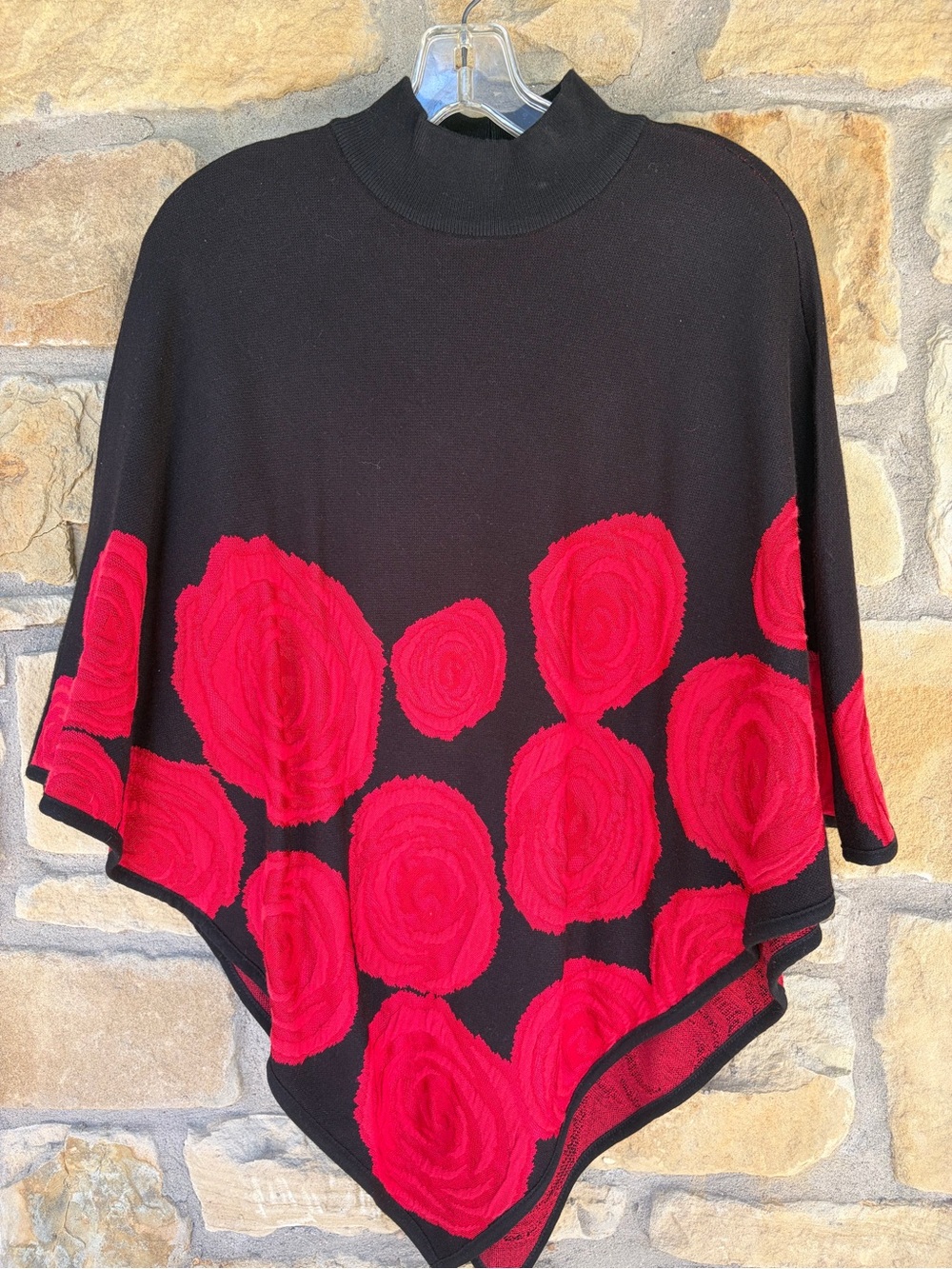 Chico's Black Poncho Sweater with Red Floral Appliqué